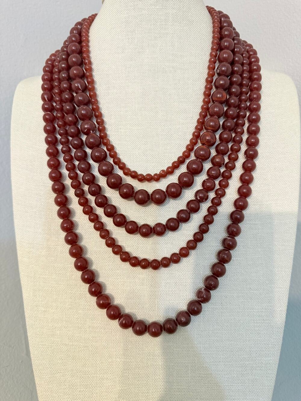 Vintage Multi Strand Red Acrylic Bead Choker Necklace 14” Boho Statement